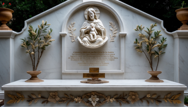 Una lápida de mármol blanco pulido, diseñada para encajar perfectamente en un nicho de pared de un cementerio andaluz. En la parte superior central, destaca una escultura tallada a mano de San José, patrón de la buena muerte, sosteniendo al Niño Jesús en sus brazos, ambos con expresiones serenas y detalladas. Debajo de la escultura, se encuentra una inscripción en letras doradas con el nombre del difunto, fechas de nacimiento y fallecimiento, y una breve dedicatoria, todo ello en una tipografía clásica y elegante. A ambos lados de la inscripción, hay grabados de ramas de olivo, simbolizando la paz eterna. El borde de la lápida está delicadamente decorado con motivos florales en bajo relieve, inspirados en la flora típica de la región gaditana. La base de la lápida incluye un pequeño soporte integrado para colocar velas o flores, permitiendo a los familiares rendir homenaje de manera personalizada. La iluminación natural resalta los detalles de la escultura y los grabados, creando un juego de luces y sombras que aporta profundidad y solemnidad a la composición.