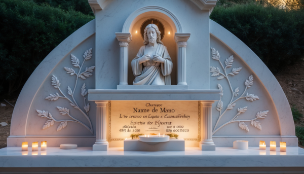 Una lápida de mármol blanco pulido, diseñada para encajar perfectamente en un nicho de pared de un cementerio andaluz. En la parte superior central, destaca una escultura tallada a mano de San José, patrón de la buena muerte, sosteniendo al Niño Jesús en sus brazos, ambos con expresiones serenas y detalladas. Debajo de la escultura, se encuentra una inscripción en letras doradas con el nombre del difunto, fechas de nacimiento y fallecimiento, y una breve dedicatoria, todo ello en una tipografía clásica y elegante. A ambos lados de la inscripción, hay grabados de ramas de olivo, simbolizando la paz eterna. El borde de la lápida está delicadamente decorado con motivos florales en bajo relieve, inspirados en la flora típica de la región gaditana. La base de la lápida incluye un pequeño soporte integrado para colocar velas o flores, permitiendo a los familiares rendir homenaje de manera personalizada. La iluminación natural resalta los detalles de la escultura y los grabados, creando un juego de luces y sombras que aporta profundidad y solemnidad a la composición.