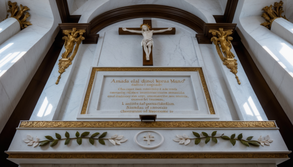 Una lápida de mármol blanco Macael, diseñada para encajar perfectamente en un nicho de pared de un cementerio andaluz. En la parte superior central, destaca una escultura tallada a mano de Cristo crucificado, con detalles minuciosos que reflejan la serenidad y el sacrificio. La figura de Cristo muestra una expresión de paz, con una corona de espinas finamente elaborada y un paño de pureza que cae con naturalidad. Debajo de la escultura, se encuentra una inscripción en letras doradas con el nombre del difunto, fechas de nacimiento y fallecimiento, y una breve dedicatoria, todo ello en una tipografía clásica y elegante. A ambos lados de la inscripción, hay grabados de ramas de olivo, simbolizando la paz eterna. El borde de la lápida está delicadamente decorado con motivos florales en bajo relieve, inspirados en la flora típica de la región gaditana. La base de la lápida incluye un pequeño soporte integrado para colocar velas o flores, permitiendo a los familiares rendir homenaje de manera personalizada. La iluminación natural resalta los detalles de la escultura y los grabados, creando un juego de luces y sombras que aporta profundidad y solemnidad a la composición.