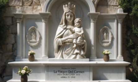 Una lápida de mármol blanco, diseñada para un nicho de pared en un cementerio andaluz. La lápida presenta una escultura tallada a mano de la Virgen del Carmen, patrona de Cádiz, en alto relieve en el centro superior. La Virgen sostiene al Niño Jesús en sus brazos, ambos con expresiones serenas y detalladas. Debajo de la escultura, se encuentra una inscripción en letras doradas con el nombre del difunto y las fechas de nacimiento y fallecimiento, en una elegante tipografía clásica. A los lados de la inscripción, hay grabados de ramas de olivo, simbolizando la paz eterna. El fondo de la lápida muestra un suave relieve de la Catedral de Cádiz, aportando un toque local y personalizado. La base de la lápida incluye un pequeño jarrón de mármol integrado, destinado a colocar flores frescas. La iluminación natural resalta las texturas y detalles de la escultura, creando sombras suaves que aportan profundidad a la imagen. Esta descripción detallada te permitirá generar una imagen que refleje fielmente una lápida artesanal con esculturas religiosas, típica de los cementerios de Cádiz y su provincia.