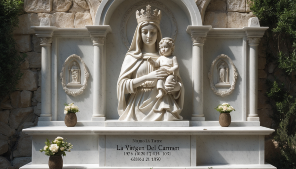 Una lápida de mármol blanco, diseñada para un nicho de pared en un cementerio andaluz. La lápida presenta una escultura tallada a mano de la Virgen del Carmen, patrona de Cádiz, en alto relieve en el centro superior. La Virgen sostiene al Niño Jesús en sus brazos, ambos con expresiones serenas y detalladas. Debajo de la escultura, se encuentra una inscripción en letras doradas con el nombre del difunto y las fechas de nacimiento y fallecimiento, en una elegante tipografía clásica. A los lados de la inscripción, hay grabados de ramas de olivo, simbolizando la paz eterna. El fondo de la lápida muestra un suave relieve de la Catedral de Cádiz, aportando un toque local y personalizado. La base de la lápida incluye un pequeño jarrón de mármol integrado, destinado a colocar flores frescas. La iluminación natural resalta las texturas y detalles de la escultura, creando sombras suaves que aportan profundidad a la imagen. Esta descripción detallada te permitirá generar una imagen que refleje fielmente una lápida artesanal con esculturas religiosas, típica de los cementerios de Cádiz y su provincia.