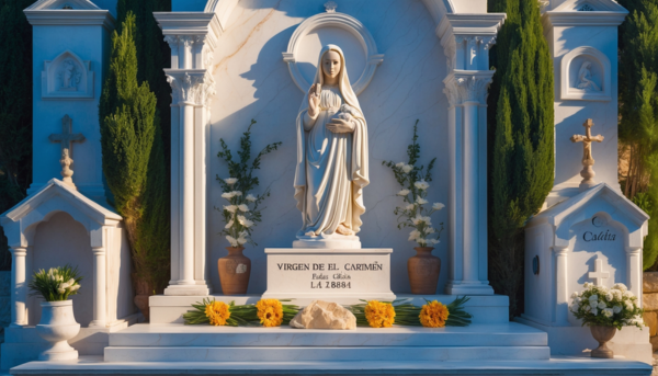 Una lápida de mármol blanco, diseñada para un nicho de pared en un cementerio andaluz. La lápida presenta una escultura tallada a mano de la Virgen del Carmen, patrona de Cádiz, en alto relieve en el centro superior. La Virgen sostiene al Niño Jesús en sus brazos, ambos con expresiones serenas y detalladas. Debajo de la escultura, se encuentra una inscripción en letras doradas con el nombre del difunto y las fechas de nacimiento y fallecimiento, en una elegante tipografía clásica. A los lados de la inscripción, hay grabados de ramas de olivo, simbolizando la paz eterna. El fondo de la lápida muestra un suave relieve de la Catedral de Cádiz, aportando un toque local y personalizado. La base de la lápida incluye un pequeño jarrón de mármol integrado, destinado a colocar flores frescas. La iluminación natural resalta las texturas y detalles de la escultura, creando sombras suaves que aportan profundidad a la imagen. Esta descripción detallada te permitirá generar una imagen que refleje fielmente una lápida artesanal con esculturas religiosas, típica de los cementerios de Cádiz y su provincia.