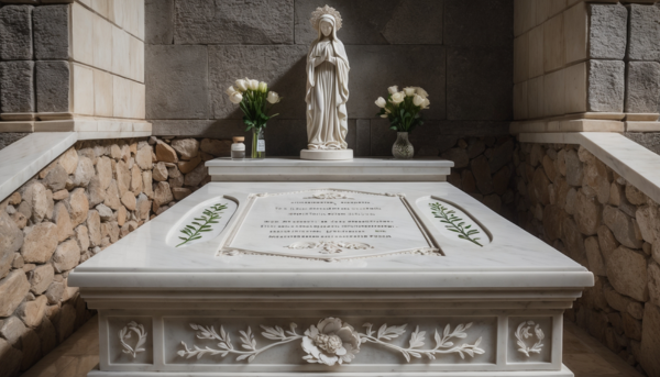 Una lápida de mármol blanco pulido, diseñada para encajar perfectamente en un nicho de pared de un cementerio andaluz. En la parte superior central, destaca una escultura tallada a mano de la Virgen del Rocío, con su característico manto y corona, transmitiendo serenidad y protección. Debajo de la escultura, se encuentra una inscripción en letras doradas con el nombre del difunto, fechas de nacimiento y fallecimiento, y una breve dedicatoria, todo ello en una tipografía clásica y elegante. A ambos lados de la inscripción, hay grabados de ramas de olivo, simbolizando la paz eterna. El borde de la lápida está delicadamente decorado con motivos florales en bajo relieve, inspirados en la flora típica de la región gaditana. La base de la lápida incluye un pequeño soporte integrado para colocar velas o flores, permitiendo a los familiares rendir homenaje de manera personalizada. La iluminación natural resalta los detalles de la escultura y los grabados, creando un juego de luces y sombras que aporta profundidad y solemnidad a la composición.