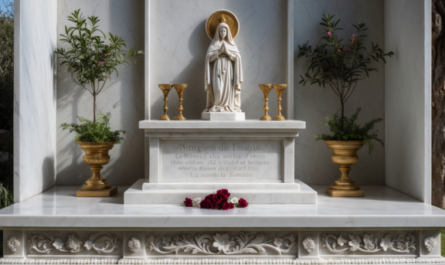 Una lápida de mármol blanco pulido, diseñada para encajar perfectamente en un nicho de pared de un cementerio andaluz. En la parte superior central, destaca una escultura tallada a mano de la Virgen del Rocío, con su característico manto y corona, transmitiendo serenidad y protección. Debajo de la escultura, se encuentra una inscripción en letras doradas con el nombre del difunto, fechas de nacimiento y fallecimiento, y una breve dedicatoria, todo ello en una tipografía clásica y elegante. A ambos lados de la inscripción, hay grabados de ramas de olivo, simbolizando la paz eterna. El borde de la lápida está delicadamente decorado con motivos florales en bajo relieve, inspirados en la flora típica de la región gaditana. La base de la lápida incluye un pequeño soporte integrado para colocar velas o flores, permitiendo a los familiares rendir homenaje de manera personalizada. La iluminación natural resalta los detalles de la escultura y los grabados, creando un juego de luces y sombras que aporta profundidad y solemnidad a la composición.