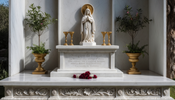 Una lápida de mármol blanco pulido, diseñada para encajar perfectamente en un nicho de pared de un cementerio andaluz. En la parte superior central, destaca una escultura tallada a mano de la Virgen del Rocío, con su característico manto y corona, transmitiendo serenidad y protección. Debajo de la escultura, se encuentra una inscripción en letras doradas con el nombre del difunto, fechas de nacimiento y fallecimiento, y una breve dedicatoria, todo ello en una tipografía clásica y elegante. A ambos lados de la inscripción, hay grabados de ramas de olivo, simbolizando la paz eterna. El borde de la lápida está delicadamente decorado con motivos florales en bajo relieve, inspirados en la flora típica de la región gaditana. La base de la lápida incluye un pequeño soporte integrado para colocar velas o flores, permitiendo a los familiares rendir homenaje de manera personalizada. La iluminación natural resalta los detalles de la escultura y los grabados, creando un juego de luces y sombras que aporta profundidad y solemnidad a la composición.